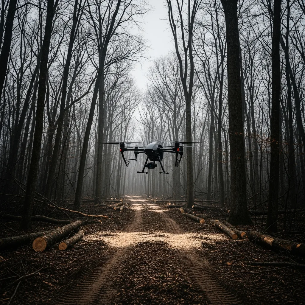 Aerial drone view of hunting property showing cleared shooting lanes and food plot access roads