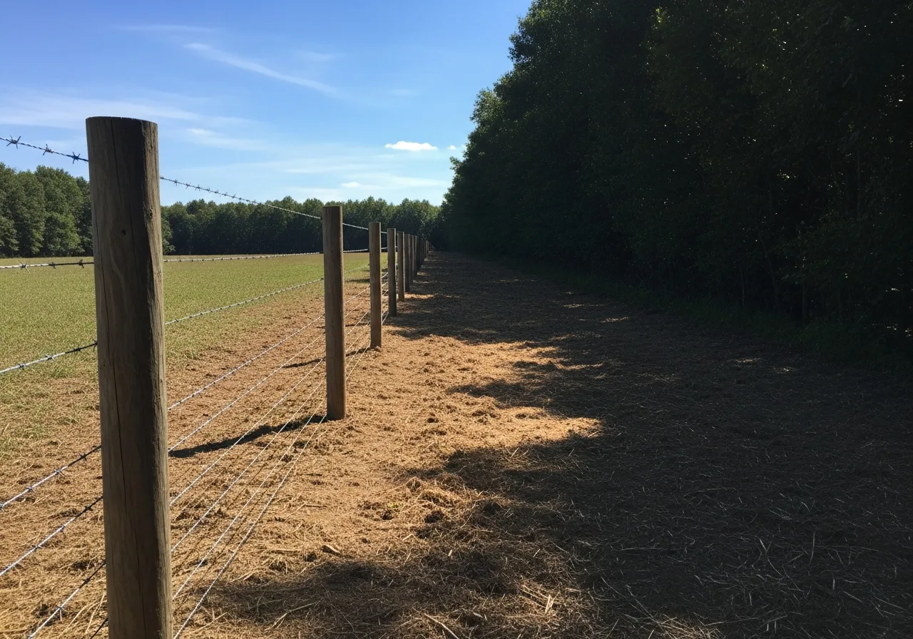Overgrown fence row cleared of brush and saplings to restore visible property line