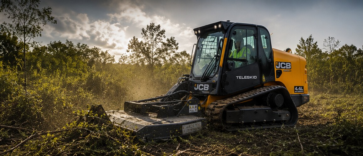Teleskid machine cutting through dense overgrown brush on a rural Indiana property