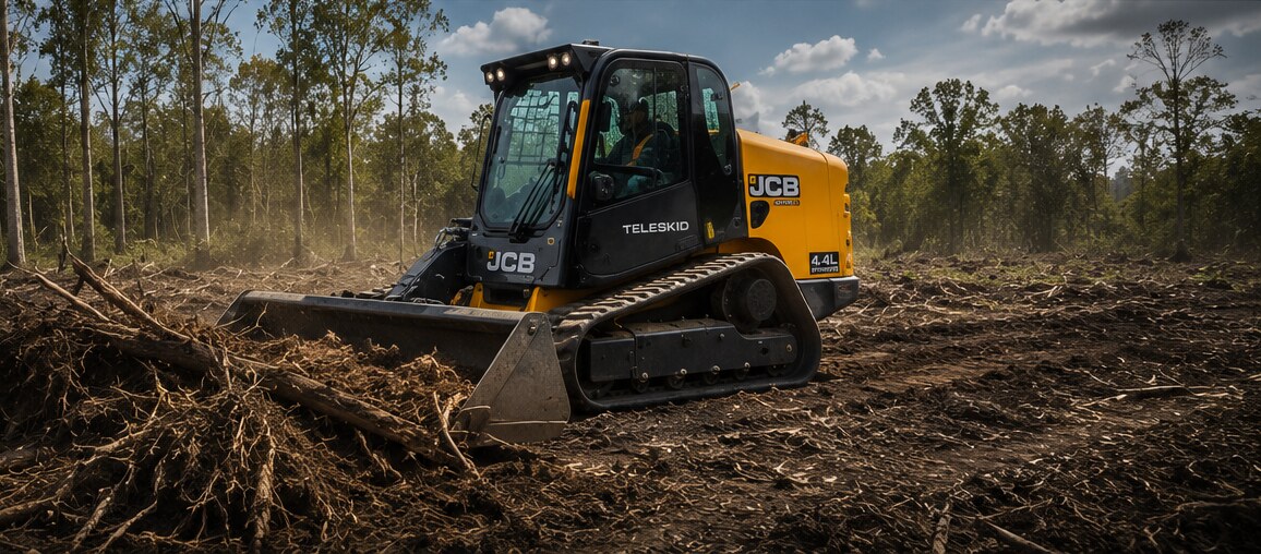 Teleskid clearing thick scrub and saplings from a large open parcel in northeast Indiana